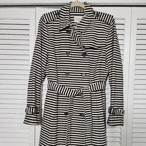 LOFT Trench Coat Womens Striped Black Cream Double Breasted L